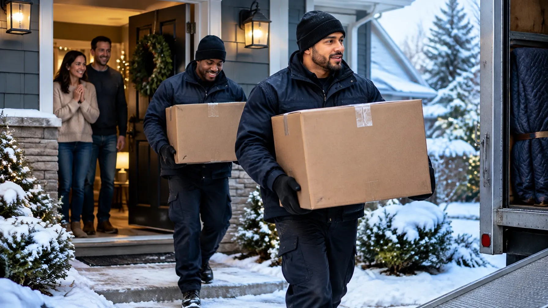 Professional movers carry brown moving boxes from a warmly lit holiday-decorated home