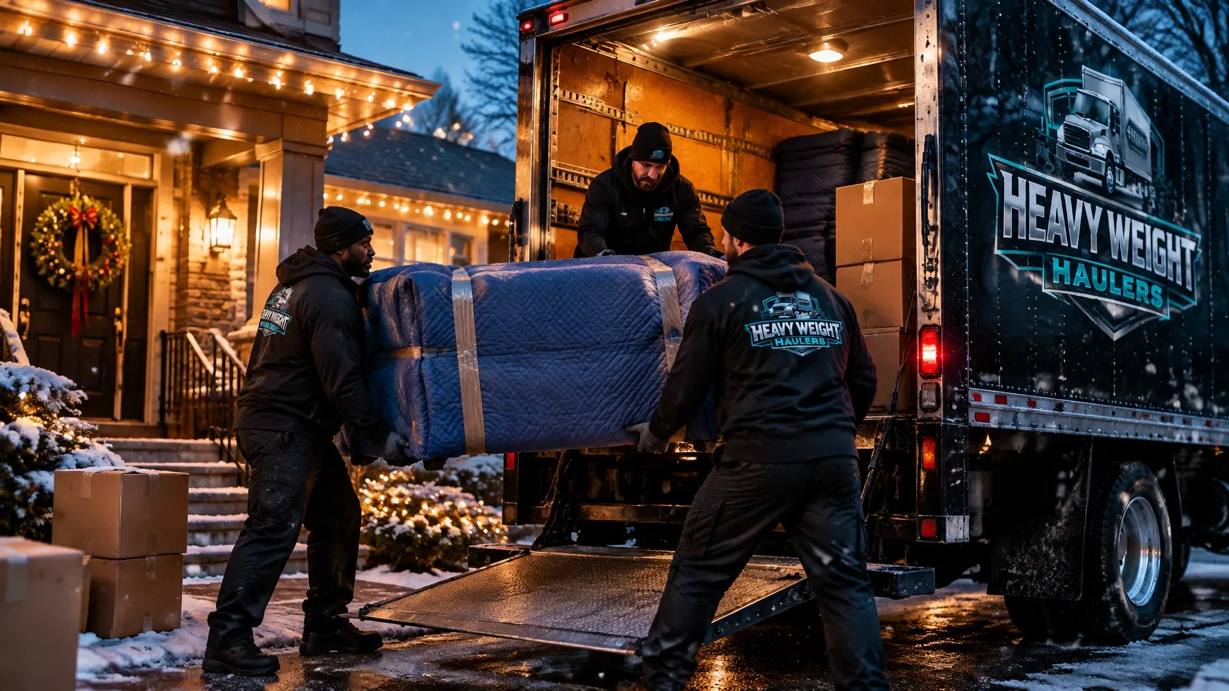 Heavy Weight Haulers crew loads protected furniture into a truck at dusk with warm string lights
