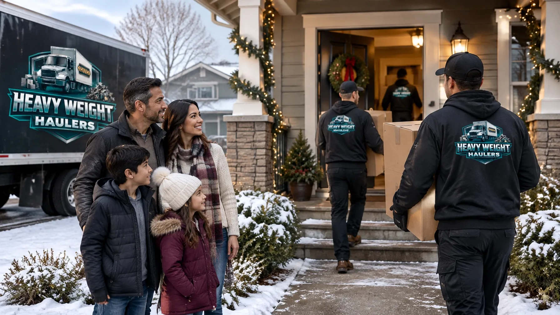 Relieved family watches Heavy Weight Haulers movers deliver boxes to a decorated porch