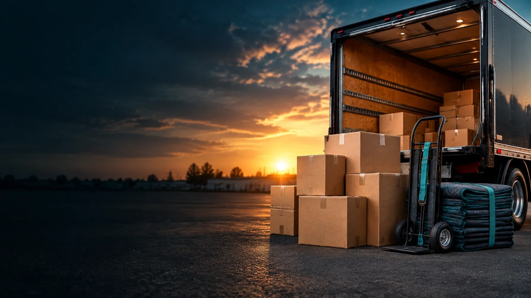 Brown moving boxes staged beside a black box truck